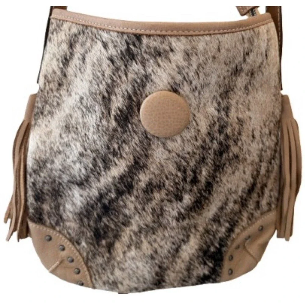 Genuine Leather Hair On Hide Cowhide Western Fringe Crossbody Purse Studded Boho
